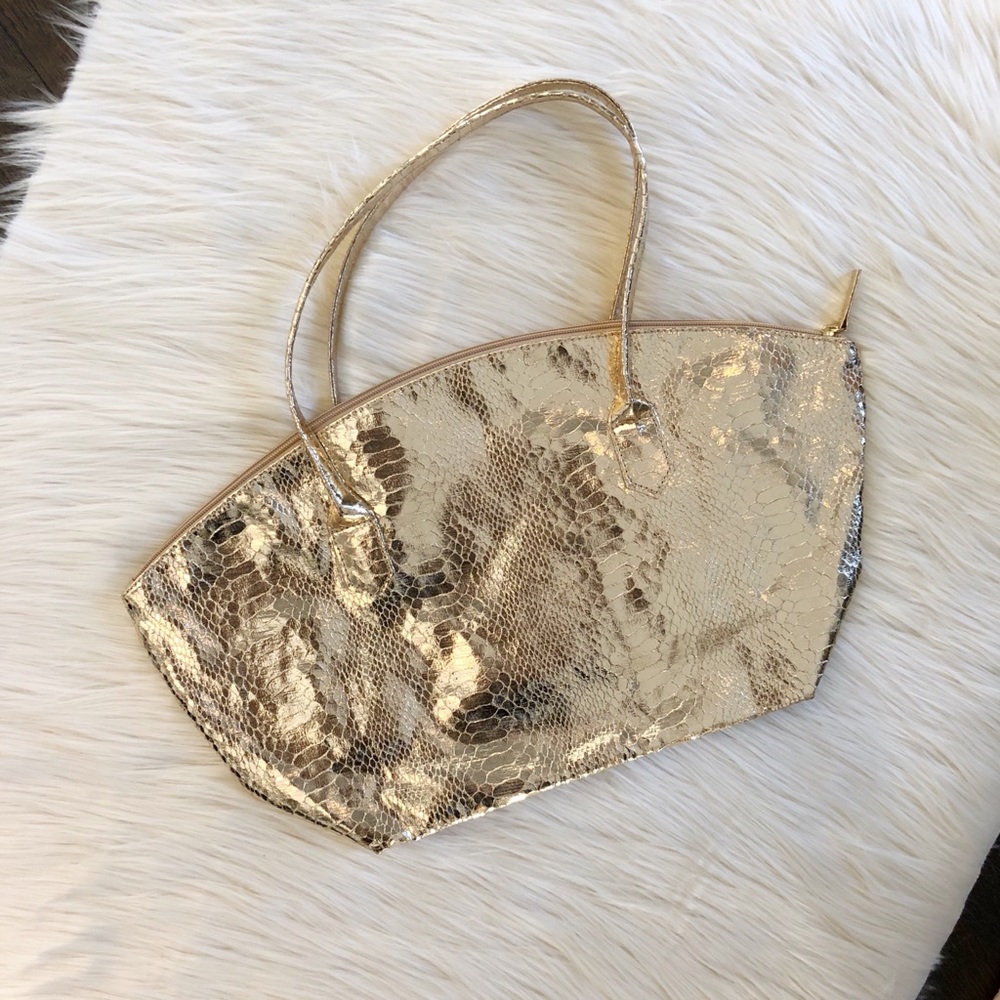 ELIZABETH ARDEN Gold Snakeskin Textured Tote Bag